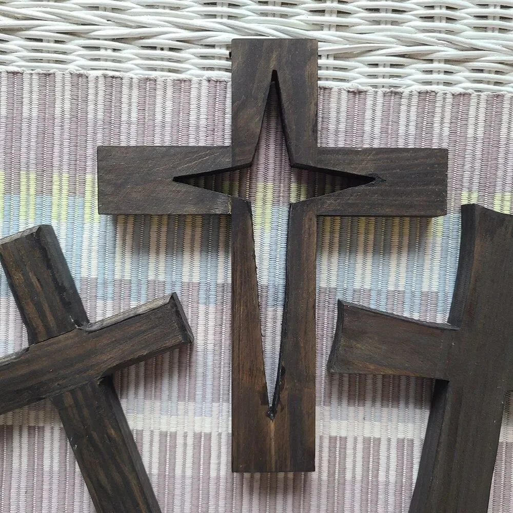 Vintage Rustic Dark Wood Wall Crosses – Set of 4 Handmade Decorative Crosses